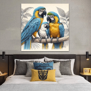 Tableau d'art : Famille de Perroquets Aras : Unis en Couleurs